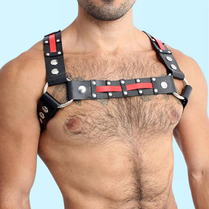 Black-and-Red-Leather-Multi-Rivet-Fashion-gay-Harness-topless